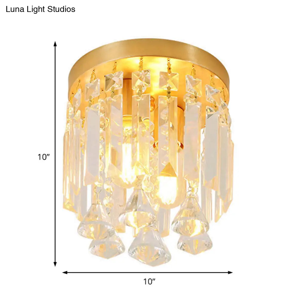 Modern Crystal Block Cylinder Flush Mount Light With Brass Finish - 2 Lights 8’/10’ Wide