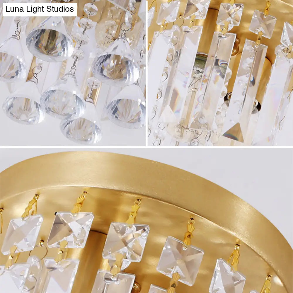 Modern Crystal Block Cylinder Flush Mount Light With Brass Finish - 2 Lights 8’/10’ Wide