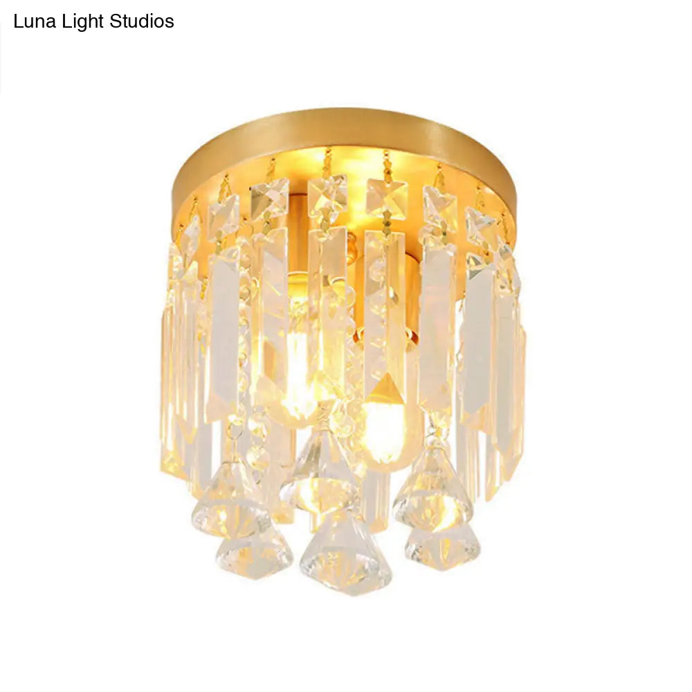Modern Crystal Block Cylinder Flush Mount Light With Brass Finish - 2 Lights 8’/10’ Wide