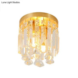 Modern Crystal Block Cylinder Flush Mount Light With Brass Finish - 2 Lights 8’/10’ Wide