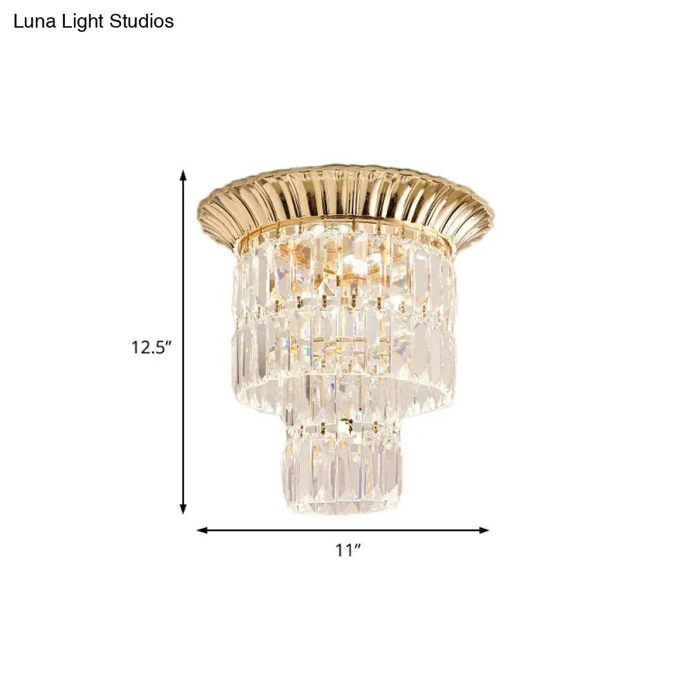 Modern Crystal Block Double Cylinder Shade Flush Ceiling Light - 5 Lights Chrome/Gold
