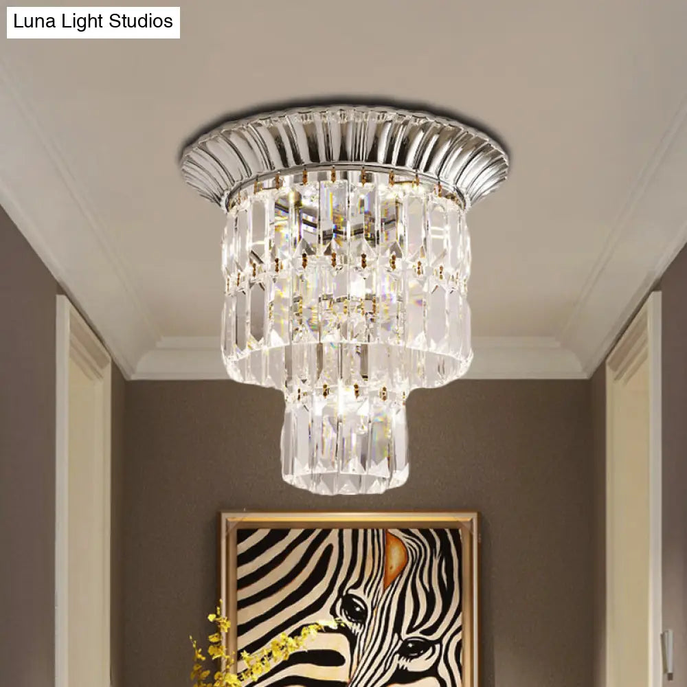 Modern Crystal Block Double Cylinder Shade Flush Ceiling Light - 5 Lights Chrome/Gold