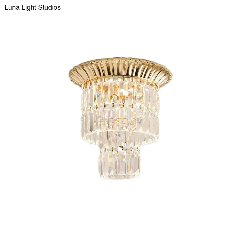 Modern Crystal Block Double Cylinder Shade Flush Ceiling Light - 5 Lights Chrome/Gold