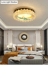 Modern Crystal Block Drum Flush Mount Led Ceiling Light For Bedroom In Brass Finish