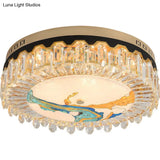 Modern Crystal Block Drum Flush Mount Led Ceiling Light For Bedroom In Brass Finish