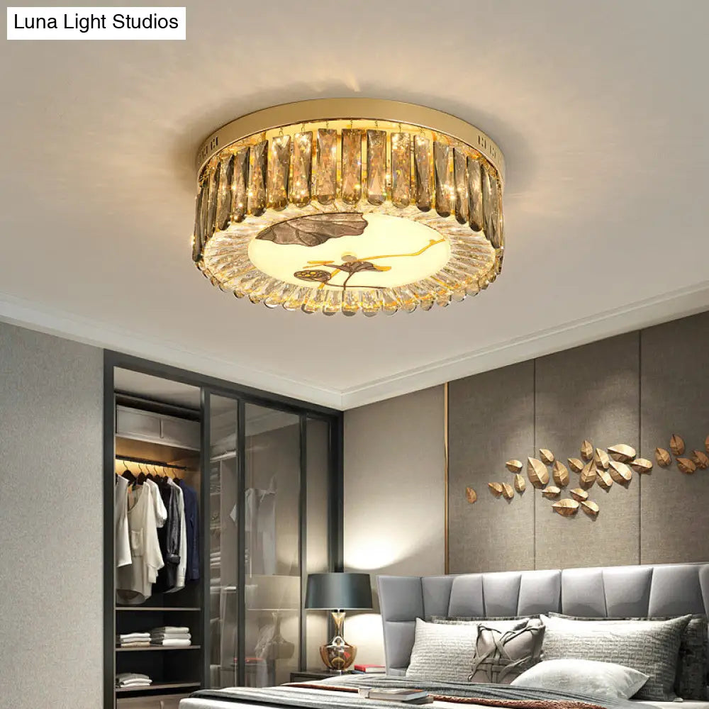 Modern Crystal Block Drum Flush Mount Led Ceiling Light For Bedroom In Brass Finish