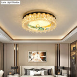 Modern Crystal Block Drum Flush Mount Led Ceiling Light For Bedroom In Brass Finish