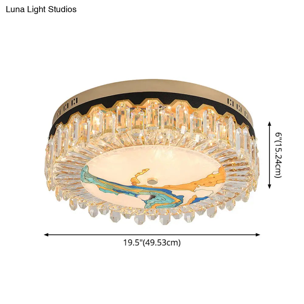 Modern Crystal Block Drum Flush Mount Led Ceiling Light For Bedroom In Brass Finish