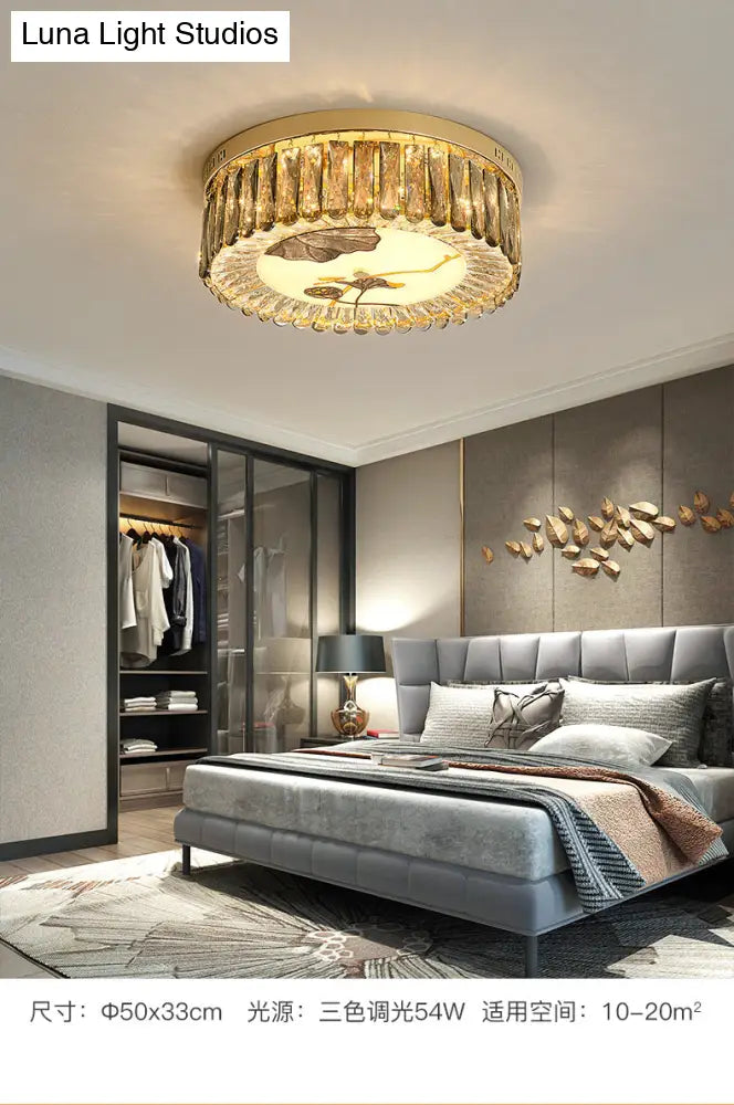 Modern Crystal Block Drum Flush Mount Led Ceiling Light For Bedroom In Brass Finish