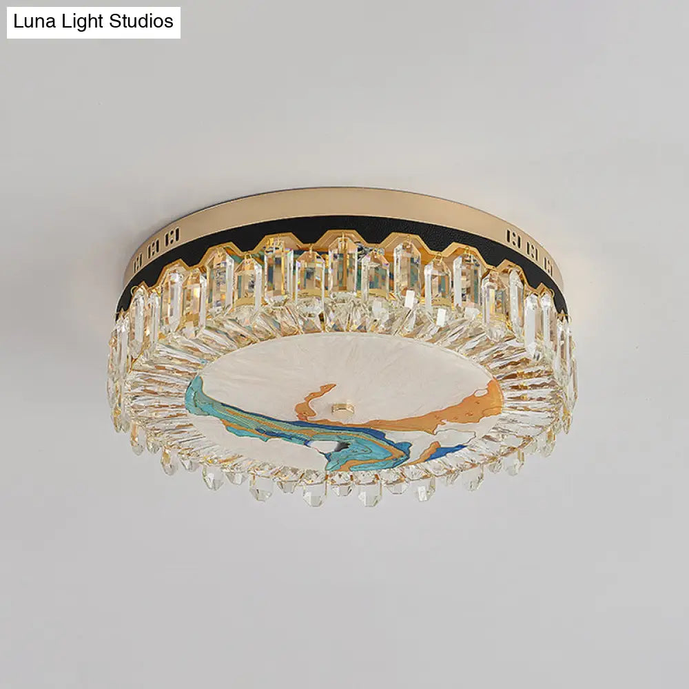 Modern Crystal Block Drum Flush Mount Led Ceiling Light For Bedroom In Brass Finish