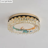 Modern Crystal Block Drum Flush Mount Led Ceiling Light For Bedroom In Brass Finish