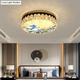 Modern Crystal Block Drum Flush Mount Led Ceiling Light For Bedroom In Brass Finish