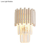 Modern Crystal Block Gold Sconce Light With 4 Tiered Wall-Mounted Heads For Bedroom
