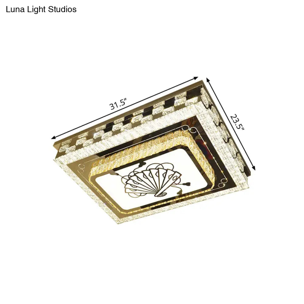 Modern Crystal Block Led Ceiling Light With Folding Fan Pattern In Chrome - Oblong Drawing Room