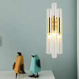 Modern Crystal Brass Flute Wall Mount Sconce Light Fixture For Living Room - 3 Lights