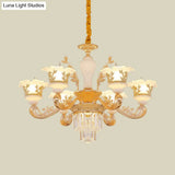 Modern Crystal Chandelier With Carved Frosted Glass Shade - 6 Bulbs Pendant In Gold For Bedroom