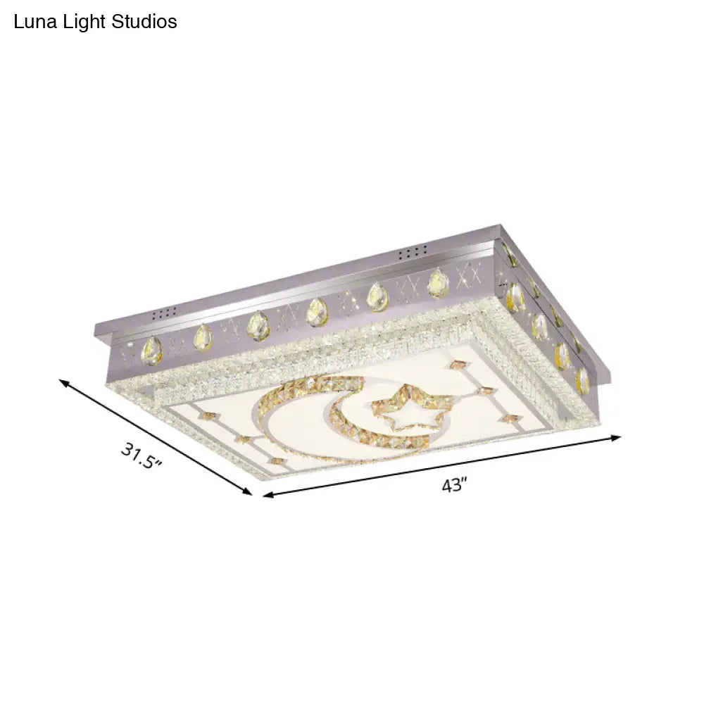 Modern Crystal Cuboid Led Ceiling Light With Star And Crescent Pattern - Chrome Flush Mount Fixture
