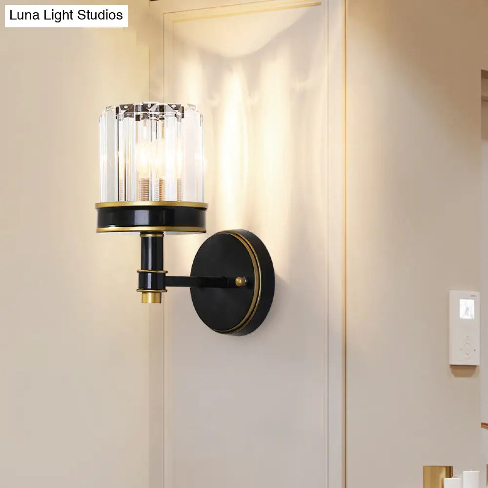 Modern Crystal Cylinder Wall Light - Black Flush Mount Sconce For Hallway