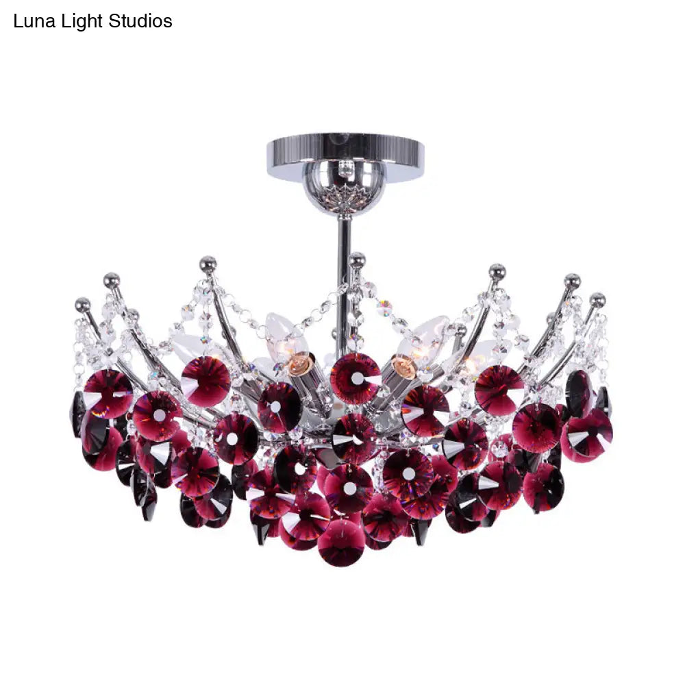 Modern Crystal Dome Semi Flush Light Fixture 5 Lights In Burgundy/Smoke Gray/Amber 16’ & 19.5’