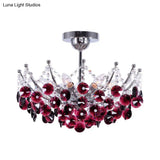 Modern Crystal Dome Semi Flush Light Fixture 5 Lights In Burgundy/Smoke Gray/Amber 16’ & 19.5’