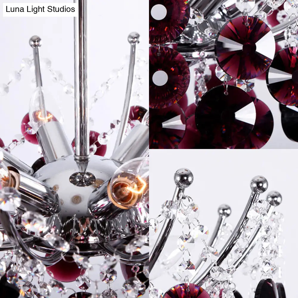 Modern Crystal Dome Semi Flush Light Fixture 5 Lights In Burgundy/Smoke Gray/Amber 16’ & 19.5’