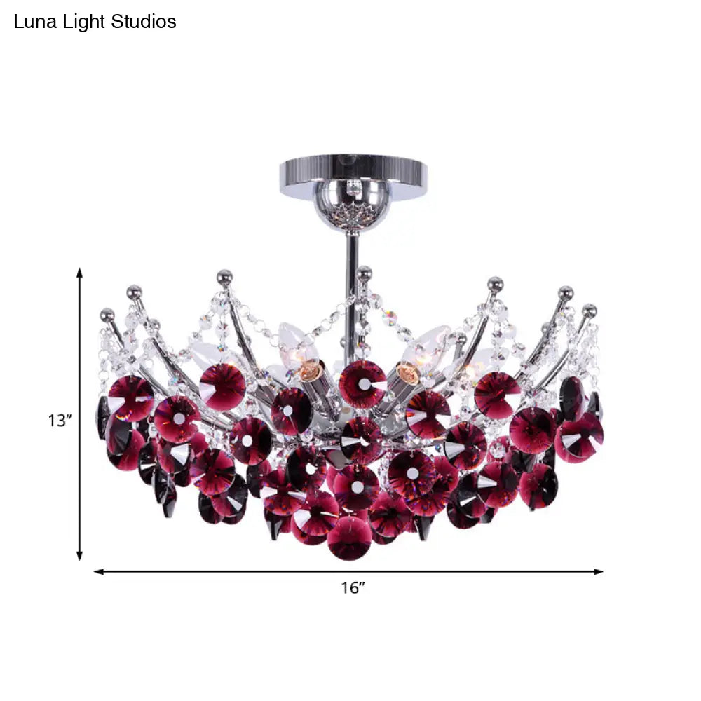Modern Crystal Dome Semi Flush Light Fixture 5 Lights In Burgundy/Smoke Gray/Amber 16’ & 19.5’