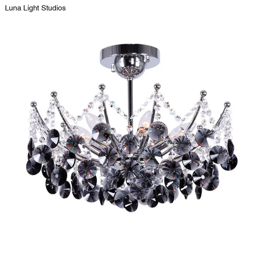 Modern Crystal Dome Semi Flush Light Fixture 5 Lights In Burgundy/Smoke Gray/Amber 16’ & 19.5’