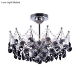Modern Crystal Dome Semi Flush Light Fixture 5 Lights In Burgundy/Smoke Gray/Amber 16’ & 19.5’