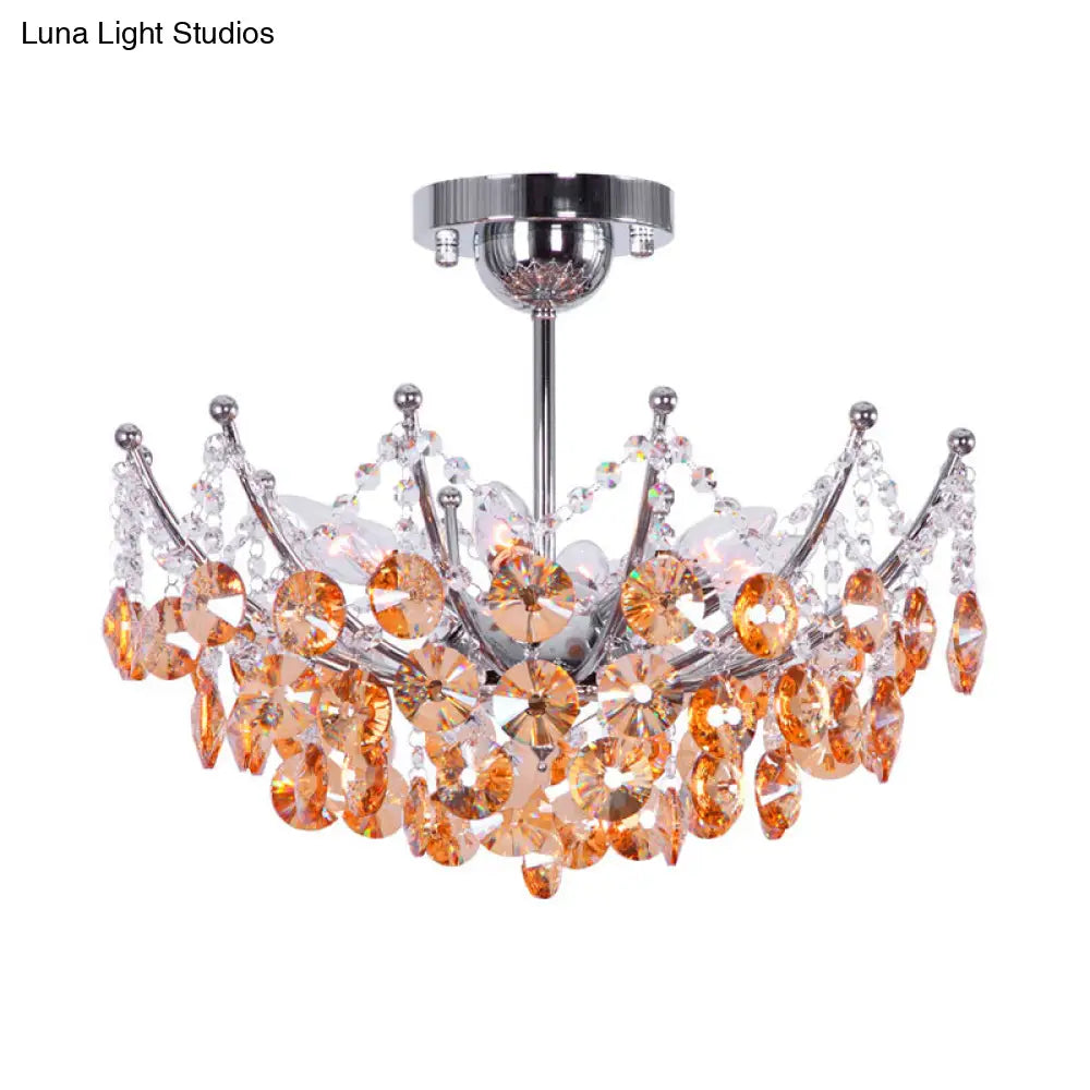 Modern Crystal Dome Semi Flush Light Fixture 5 Lights In Burgundy/Smoke Gray/Amber 16’ & 19.5’