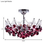 Modern Crystal Dome Semi Flush Light Fixture 5 Lights In Burgundy/Smoke Gray/Amber 16’ & 19.5’