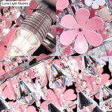 Modern Crystal Drop Led Drum Ceiling Light Fixture With Pink Flower Decoration 18’/21.5’ Wide