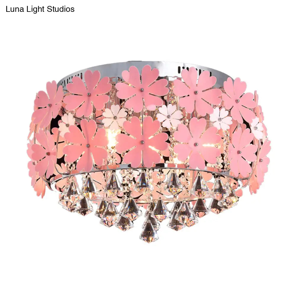 Modern Crystal Drop Led Drum Ceiling Light Fixture With Pink Flower Decoration 18’/21.5’ Wide