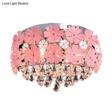 Modern Crystal Drop Led Drum Ceiling Light Fixture With Pink Flower Decoration 18’/21.5’ Wide
