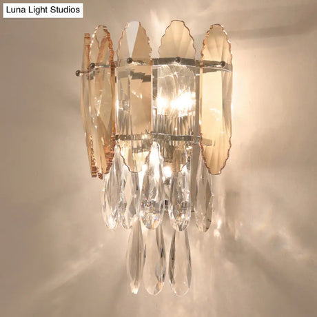 Modern Crystal Droplet Foyer Sconce Light - Layered Wall Lighting Fixture 2 Heads
