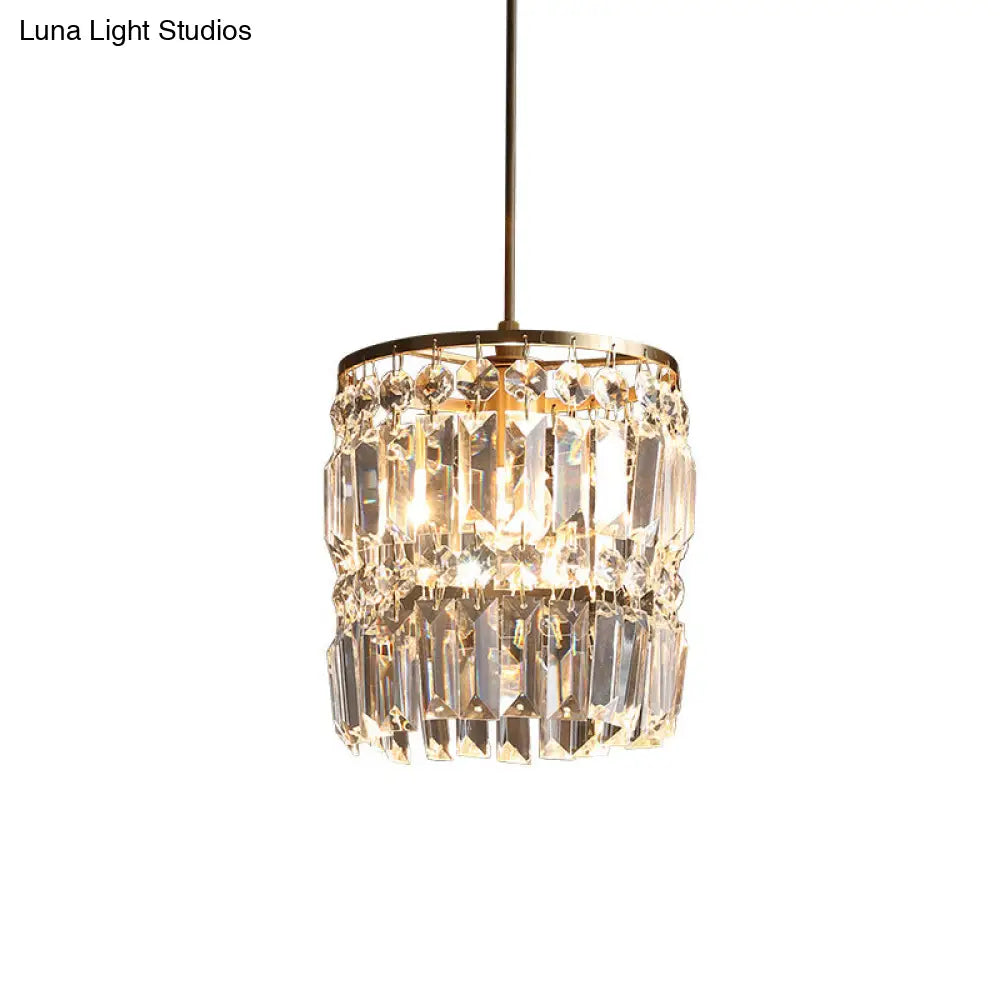 Modern Crystal Drum Chandelier with 2 Tiers Gold Hanging Light for Bedroom Gold