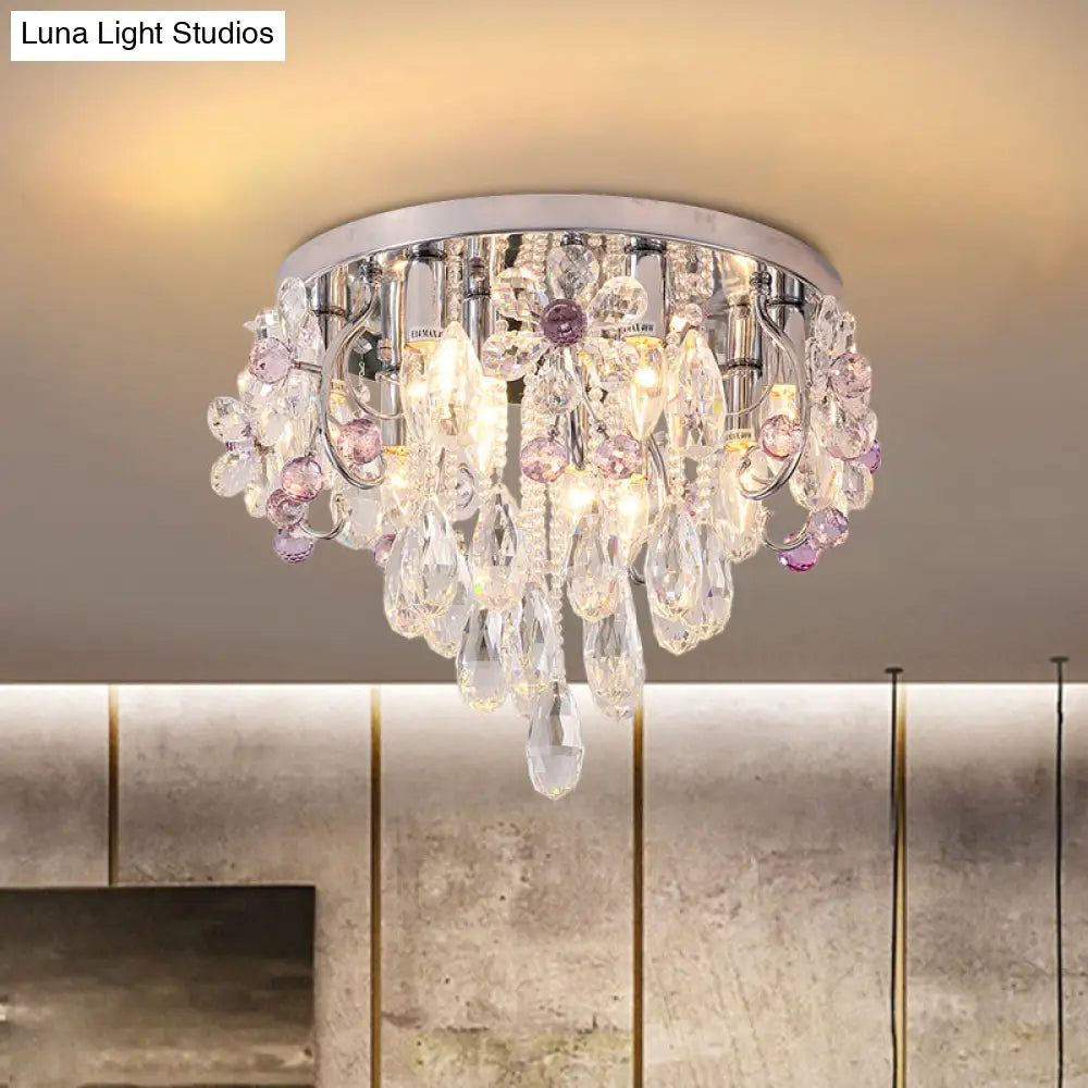 Modern Crystal Flower Flush Mount Ceiling Lamp With Chrome Finish - Perfect For Romantic Bedroom