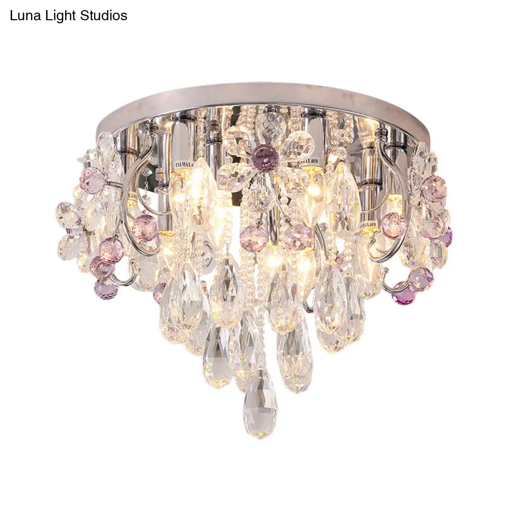 Modern Crystal Flower Flush Mount Ceiling Lamp With Chrome Finish - Perfect For Romantic Bedroom