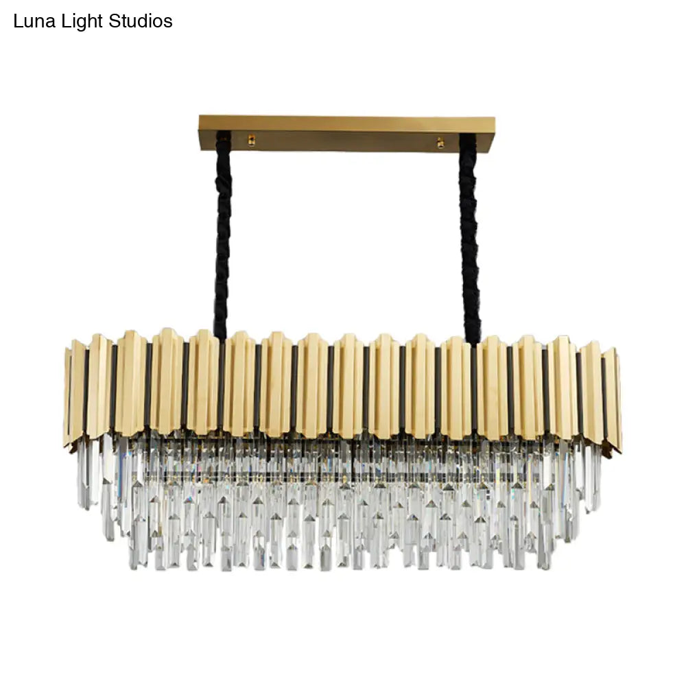 Modern Crystal Gold Finish Pendant Light With Prismatic Oval Design - 10 Heads Island Style
