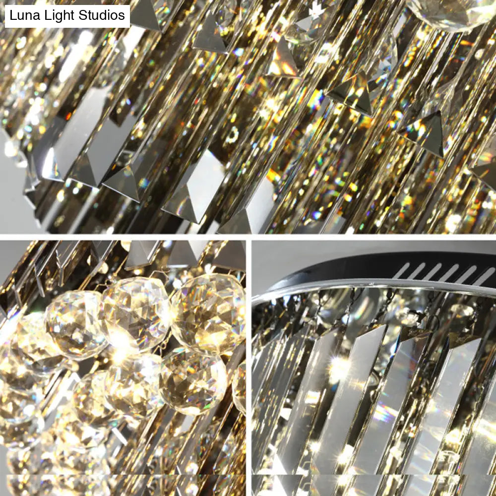 Modern Crystal Led Bedroom Ceiling Light - Smoke Gray Layered Flush - Mount Fixture 19.5’/23.5’ Wide