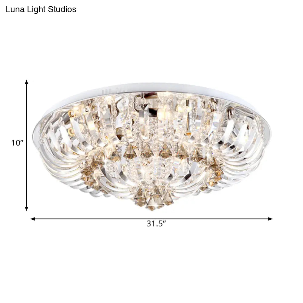 Modern Crystal Led Flush Mount Lamp With Clear Stands And Draping Bowl - White/Warm Light