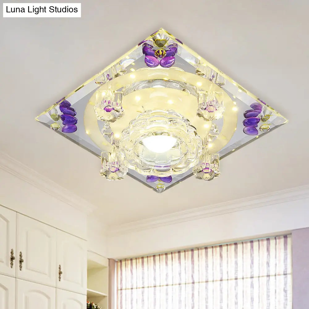 Modern Crystal Led Flush - Mount Light Fixture: Purple Butterfly/Amber Gem Ceiling Lamp