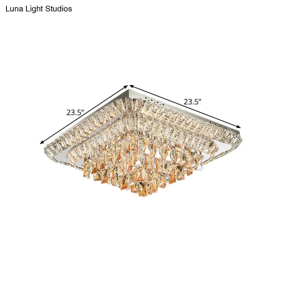 Modern Crystal Led Square Flush - Mount Light In Chrome - Close To Ceiling Lighting Fixture