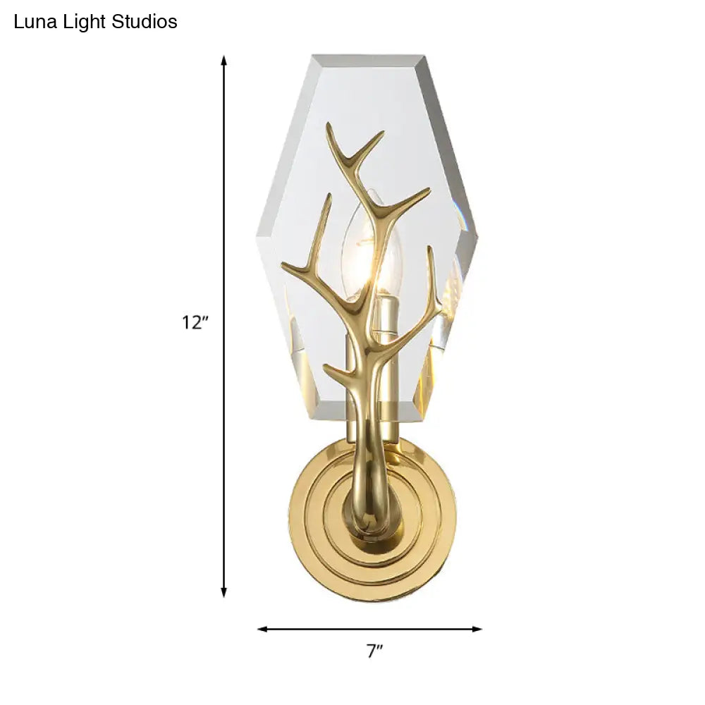 Modern Crystal Panel Sconce Light Fixture - Clear 1-Light Wall Mounted Lamp With Antler Deco