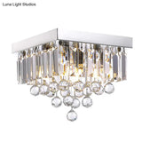 Modern Crystal Prism Flush Ceiling Light With 4 Bulbs & Square Chrome Canopy For Bedrooms