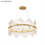 Modern Crystal Rod Chandelier Pendant Light Round Brass Hanging Kit For Living Room (6/8 Lights)