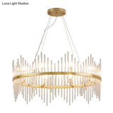 Modern Crystal Rod Chandelier Pendant Light Round Brass Hanging Kit For Living Room (6/8 Lights)