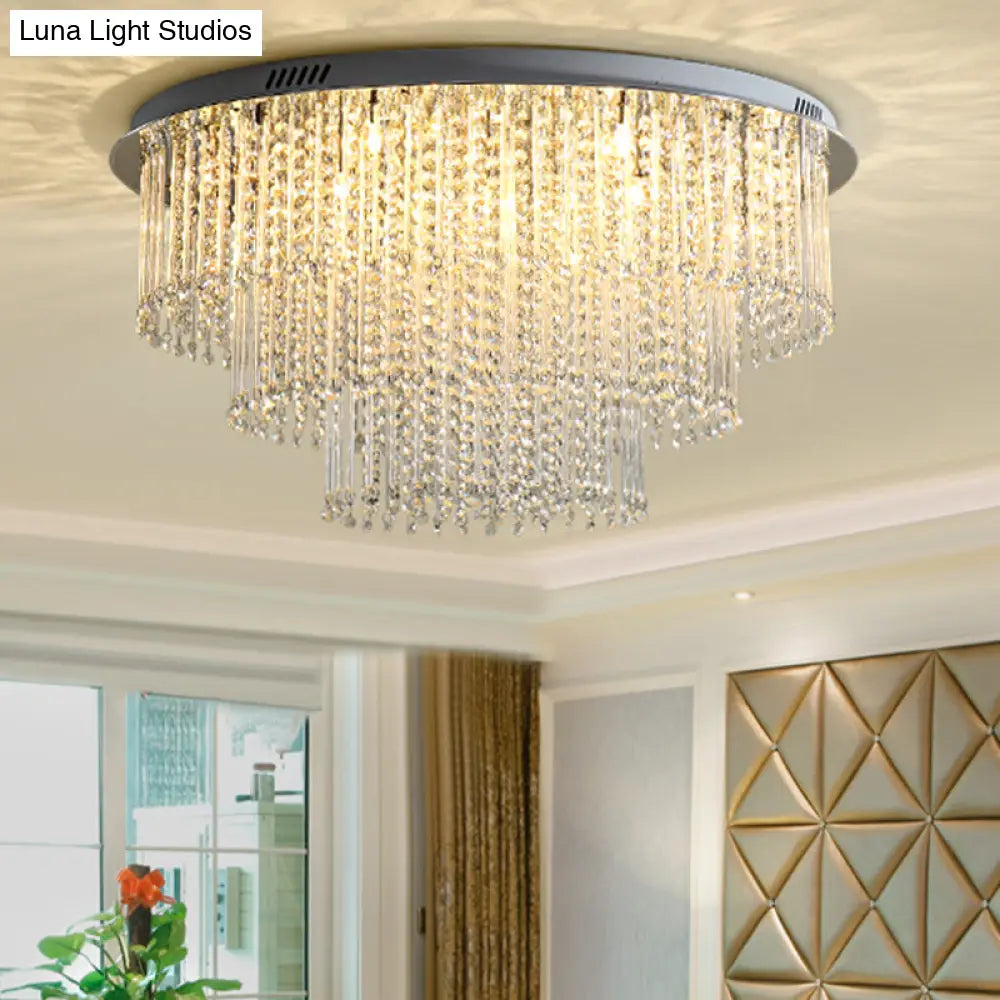 Modern Crystal Strand 3-Tier Nickel Led Ceiling Light Flush Mount For Living Room