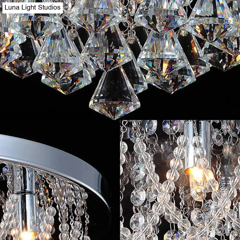 Modern Crystal Strand Ceiling Lamp - Dome Flush 3 Lights 14’/18’ Wide Chrome; Ideal For Bedroom