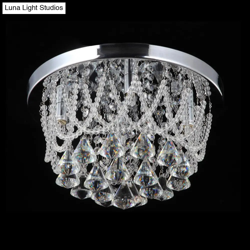 Modern Crystal Strand Ceiling Lamp - Dome Flush 3 Lights 14’/18’ Wide Chrome; Ideal For Bedroom
