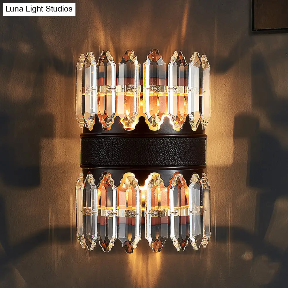 Modern Crystal Wall Sconce Light - Black Cylinder Block Fixture (2/4 Lights)